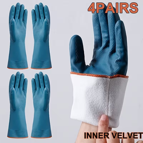 4pairs Rubber Gloves Kitchen Dishwashing Gloves Thick -lined Washing Clothes Gloves Winter Household Cleaning Gloves Do Housework Hand Protection Cover Cleaning Tools