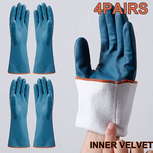 4pairs Rubber Gloves Kitchen Dishwashing Gloves Thick -lined Washing Clothes Gloves Winter Household Cleaning Gloves Do Housework Hand Protection Cover Cleaning Tools