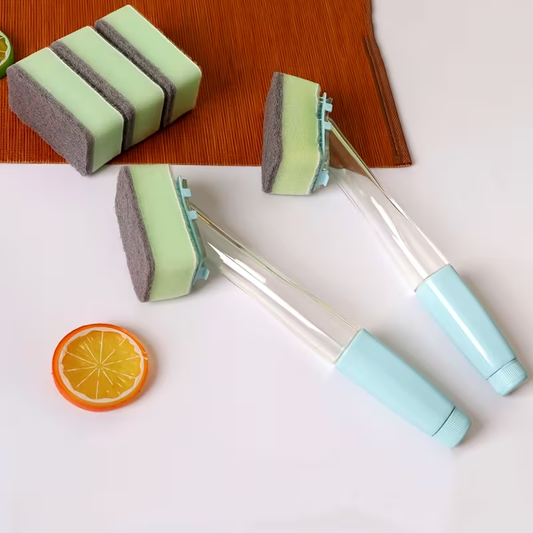 One Handle with Four Sponge Replacement Heads, a Long-Handled Sponge Brush with Interchangeable Sponge Heads, a Versatile Cleaning Tool for Kitchen Utensils, Water Bottles, And Bathrooms - a Durable Essential for Household Cleaning
