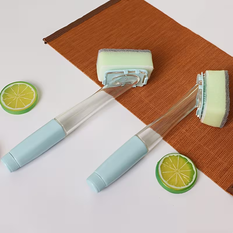 One Handle with Four Sponge Replacement Heads, a Long-Handled Sponge Brush with Interchangeable Sponge Heads, a Versatile Cleaning Tool for Kitchen Utensils, Water Bottles, And Bathrooms - a Durable Essential for Household Cleaning