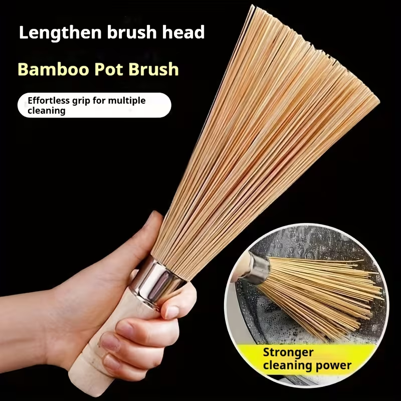 Natural bamboo pot brush - kitchen handheld cleaning brush, suitable for pots and dishes, multi-purpose decontamination brush, easy to scrub, easy to hold and durable without shedding