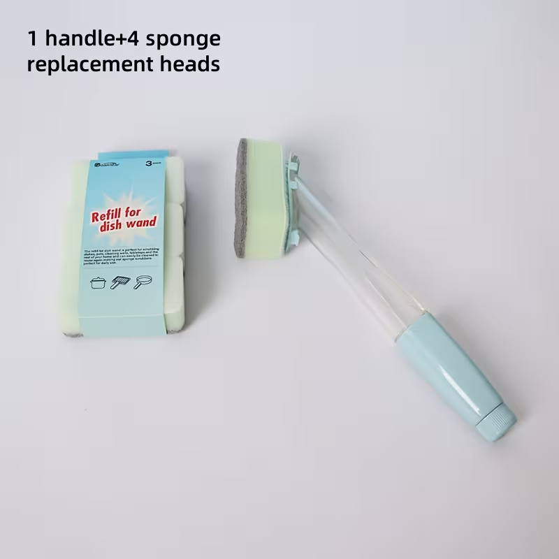 One Handle with Four Sponge Replacement Heads, a Long-Handled Sponge Brush with Interchangeable Sponge Heads, a Versatile Cleaning Tool for Kitchen Utensils, Water Bottles, And Bathrooms - a Durable Essential for Household Cleaning