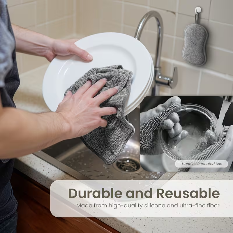 Car Cleaning Kit - Silicone Gloves, Double Sided Microfiber Sponge and Car Wash Towels, Car Deep Cleaning, Tableware, Tabletop, Bathroom, Etc., Car Cleaning, Car Repair, Car Supplies(excluding Liquids)