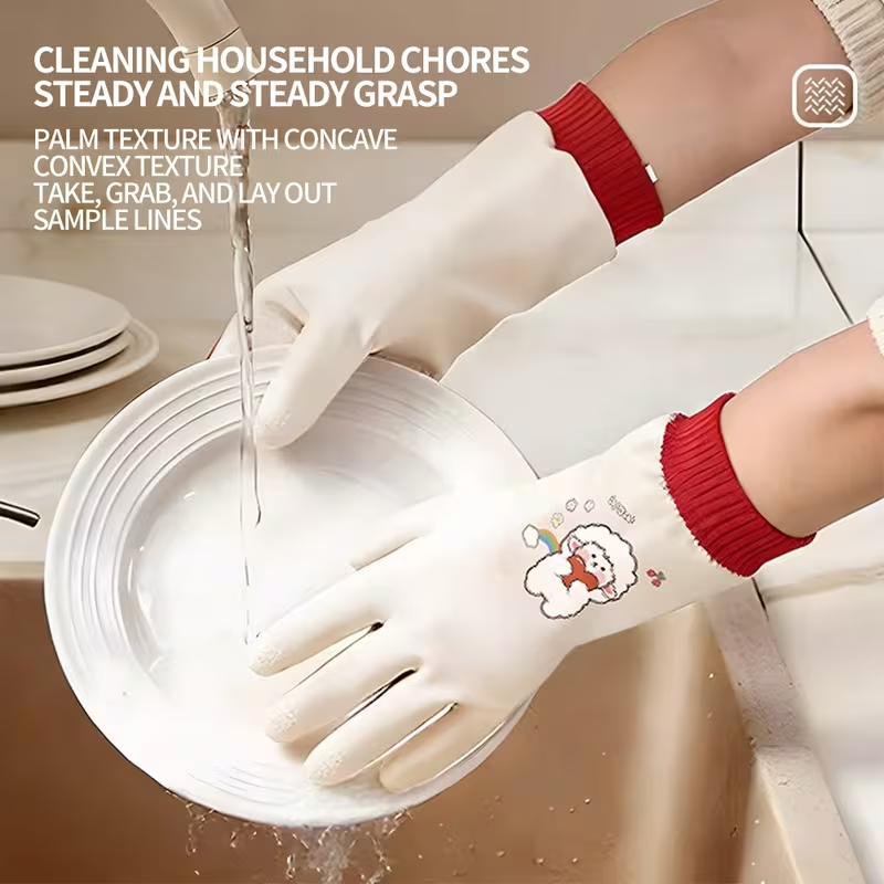 A Pair of Fashionable Cartoon-style Gloves Suitable for the Whole Family, Extra-long and -lined for Household Chores. Warm and Comfortable for Winter Dishwashing, and Slip-resistant Kitchen Cleaning Gloves with Excellent