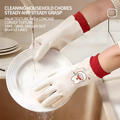 A Pair of Fashionable Cartoon-style Gloves Suitable for the Whole Family, Extra-long and -lined for Household Chores. Warm and Comfortable for Winter Dishwashing, and Slip-resistant Kitchen Cleaning Gloves with Excellent