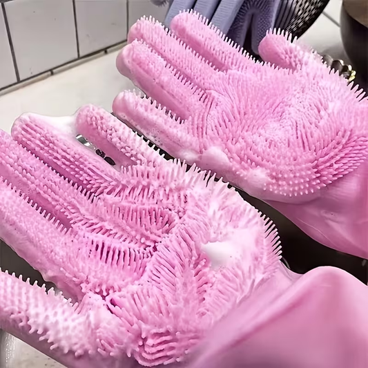 Multi-Functional Dishwashing Gloves - Reusable,, Suitable for Kitchen, Bathroom, And Patio | Durable, Hygienic, Non-Slip Design with Cleaning Bristles, These Pink Plush-Lined Dishwashing Gloves Are Essential for High-Intensity Dishwashing