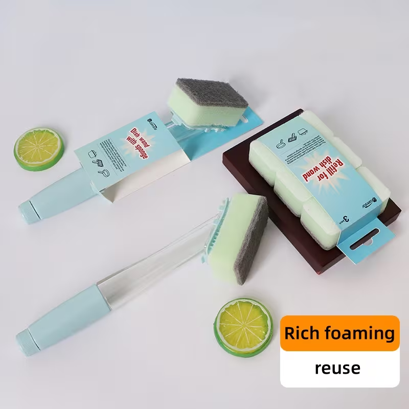 One Handle with Four Sponge Replacement Heads, a Long-Handled Sponge Brush with Interchangeable Sponge Heads, a Versatile Cleaning Tool for Kitchen Utensils, Water Bottles, And Bathrooms - a Durable Essential for Household Cleaning