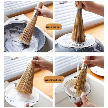 Natural bamboo pot brush - kitchen handheld cleaning brush, suitable for pots and dishes, multi-purpose decontamination brush, easy to scrub, easy to hold and durable without shedding