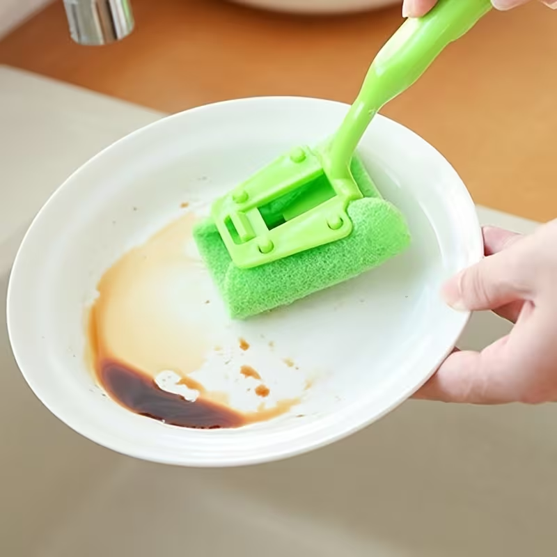 Non-Scratch Sponge Dish Brush with Ergonomic Handle | Durable Plastic Kitchen Cleaning Brush for Dishes, Plates, Bowls, Green Sink Scrub Brush