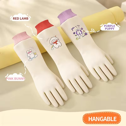 A Pair of Fashionable Cartoon-style Gloves Suitable for the Whole Family, Extra-long and -lined for Household Chores. Warm and Comfortable for Winter Dishwashing, and Slip-resistant Kitchen Cleaning Gloves with Excellent