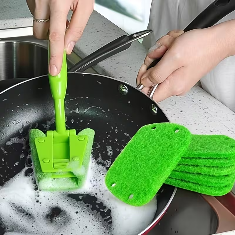 Non-Scratch Sponge Dish Brush with Ergonomic Handle | Durable Plastic Kitchen Cleaning Brush for Dishes, Plates, Bowls, Green Sink Scrub Brush